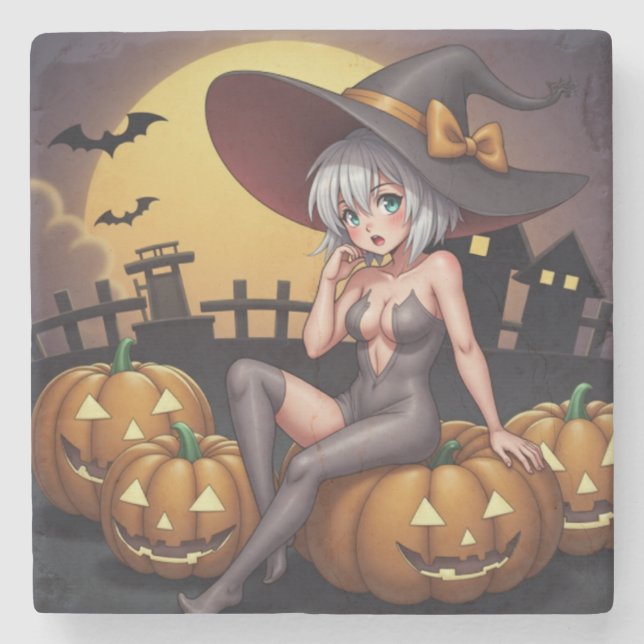 Green Eye Halloween Witch on Jack-O-Lantern's Stone Coaster (Front)