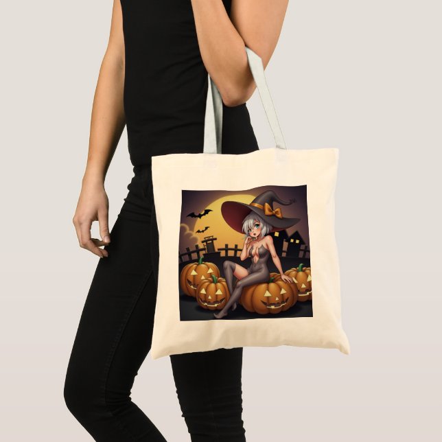 Green Eye Halloween Witch on Jack-O-Lantern's Tote Bag (Front (Product))