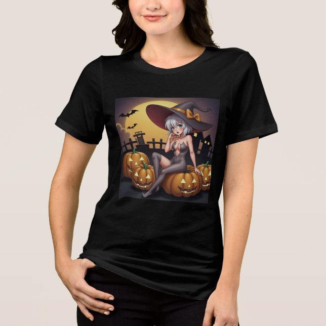 Green Eye Halloween Witch on Jack-O-Lantern's Tri-Blend Shirt (Front)