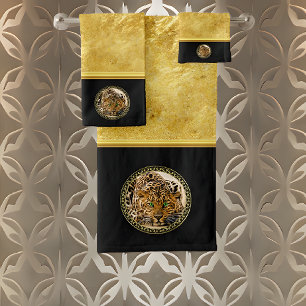 Green eye leopard with Spotted skin gold foil Bath Towel Set