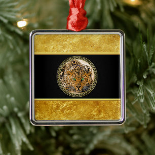 Green eye leopard with Spotted skin gold foil Metal Tree Decoration