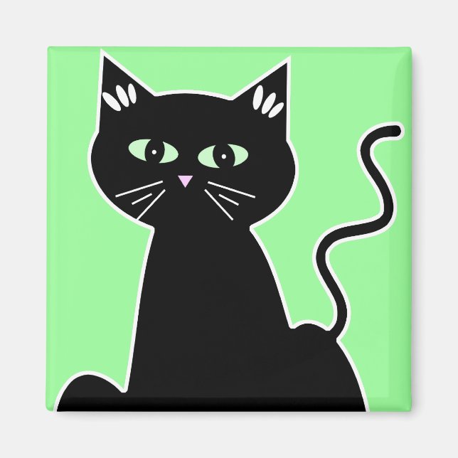 Green Eyed Black Cat Cartoon Art Magnet (Front)