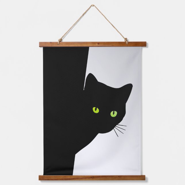 Green Eyed Black Cat on Silver Hanging Tapestry (Front)
