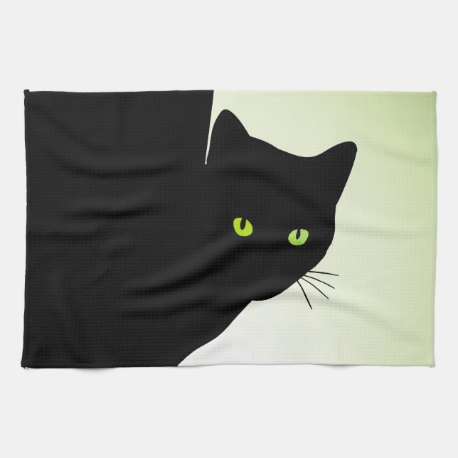 Green Eyed Black Cat Tea Towel (Horizontal)
