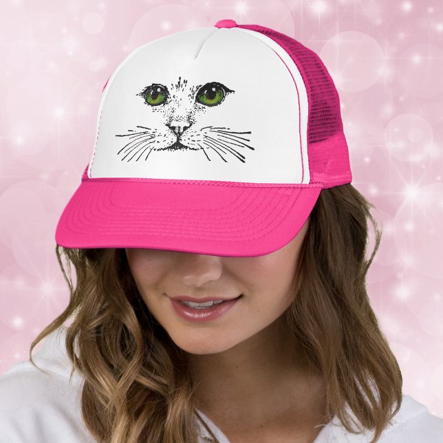 Green Eyed Cat Face Whiskers Trucker Hat (Black drawing of cat face with long whiskers and green eyes on ball cap.)