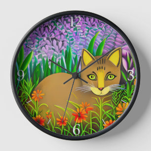 Green Eyed Cat in a Flower Garden Clock