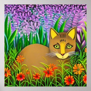 Green Eyed Cat in a Flower Garden Poster