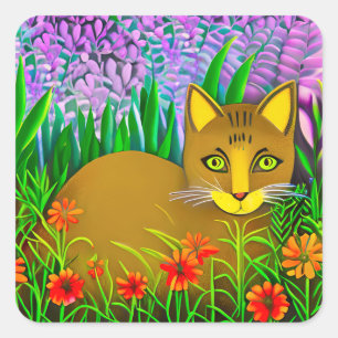 Green Eyed Cat in a Flower Garden  Square Sticker