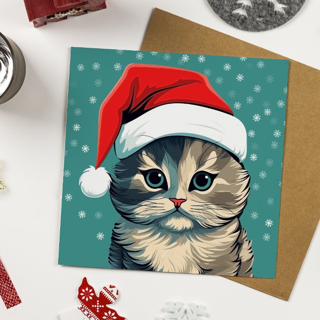 Green Eyed Christmas Kitten in a Santa Hat (Note, the envelopes included with this card are white.)