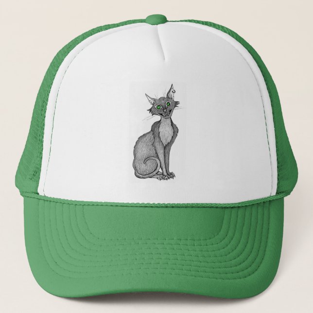 Green Eyed Creepy Cat Trucker Hat (Front)