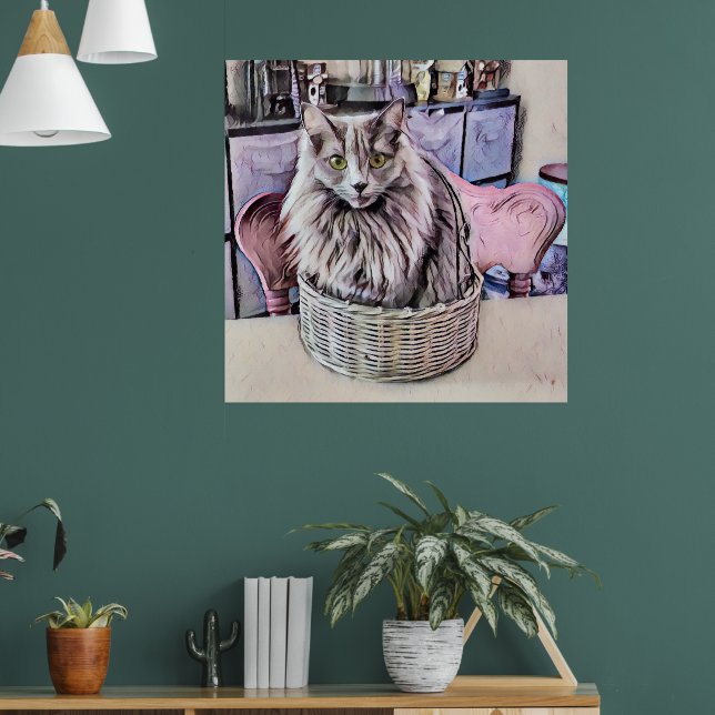Green-Eyed Grey Cat In Basket Poster (Living Room 1)