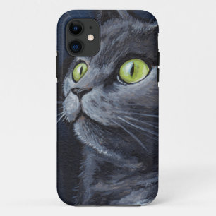 Green Eyed Grey Cat Painting Case-Mate iPhone Case