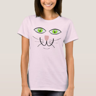 Green Eyed Happy Cat Face Drawing with Whiskers T-Shirt