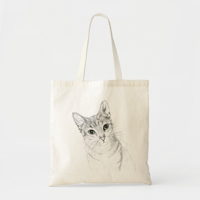 Green Eyed Kitty Cat Sketch Tote Bag (Front)
