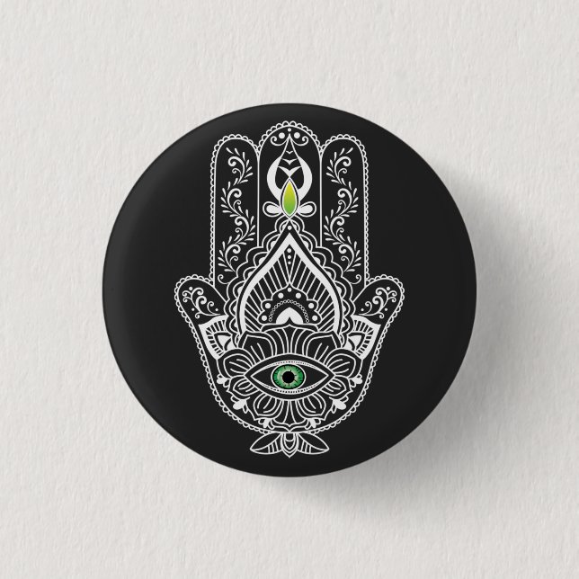 Green Eyed Protector Hamza Hand  3 Cm Round Badge (Front)