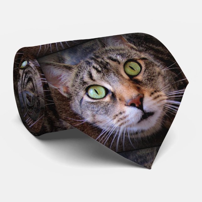 Green Eyed Tabby Cat Menswear Tie (Rolled)