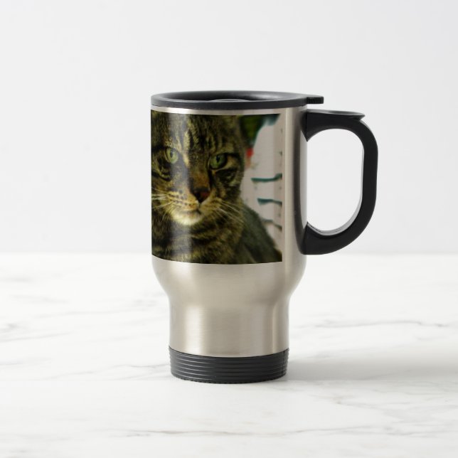 Green Eyed Tabby Face Travel Mug (Right)
