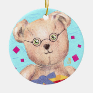 Green-Eyed Teddy Bear Birthday Ceramic Ornament