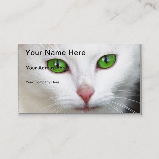 Green Eyed White Cat Business Card (Front)