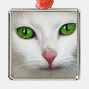 Green Eyed White Cat Metal Tree Decoration