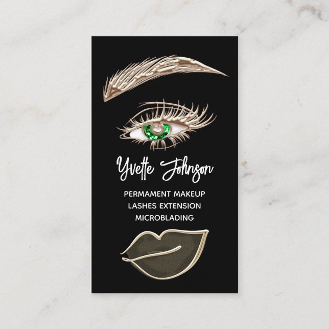  Green Eyelash Brows Makeup Logo QRCode Gold Black Business Card (Front)