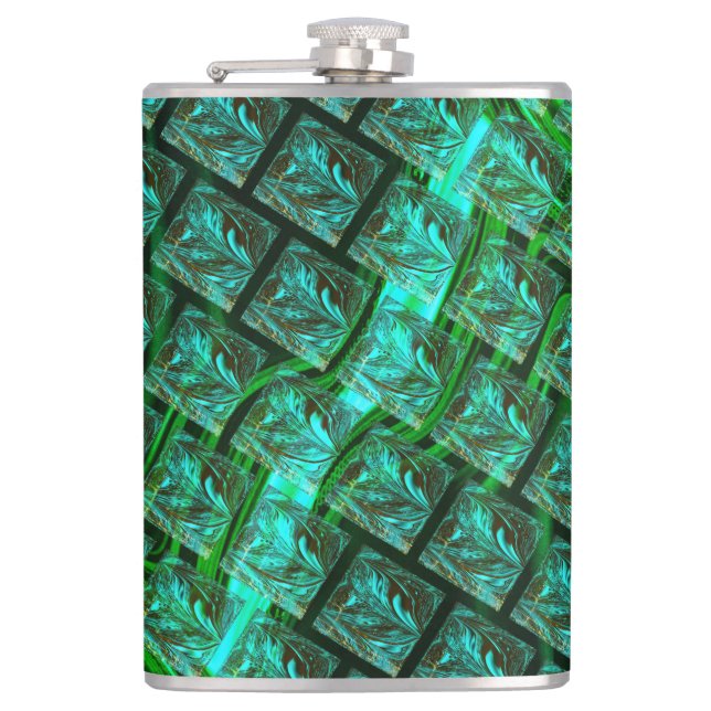 'Green eyes in grid', scratched and blurred  Hip Flask (Front)