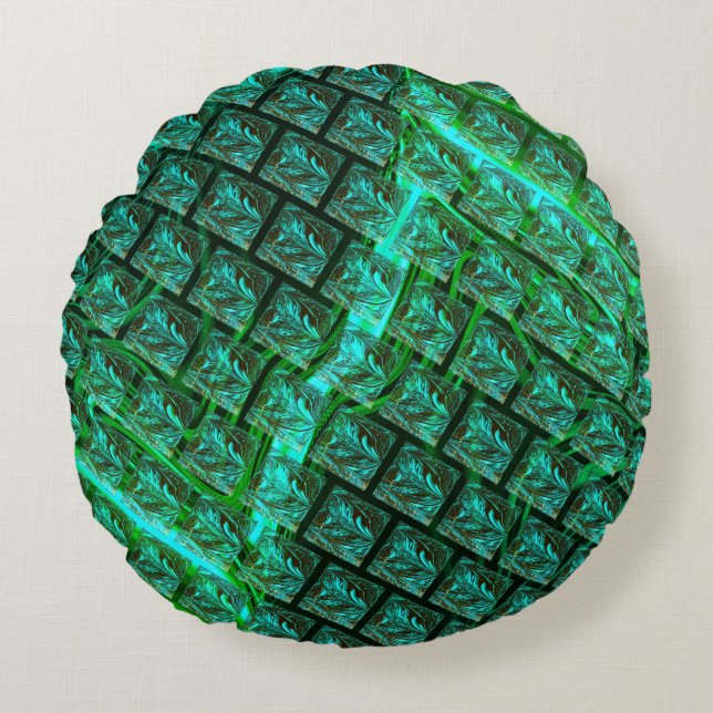 'Green eyes in grid', scratched and blurred  Round Cushion (Front)
