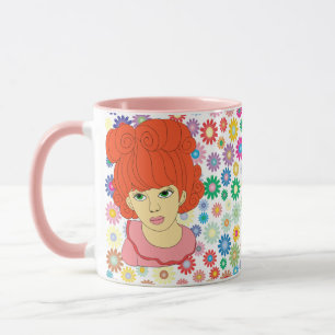 Green Eyes Red Curly Hair Little Girl flowers art Mug