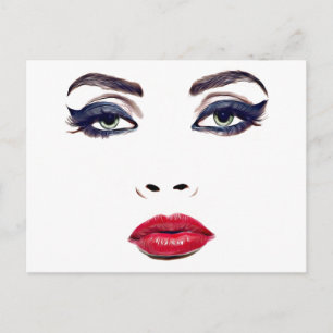 Green Eyes Red Lips Woman Face Original Makeup Art Postcard