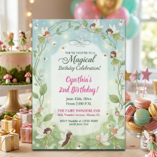 Green Fairies Forest Fireflies 2nd Birthday Party Invitation