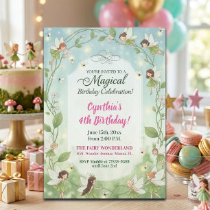 Green Fairies Forest Fireflies 4th Birthday Party Invitation