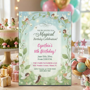 Green Fairies Forest Fireflies 8th Birthday Party Invitation