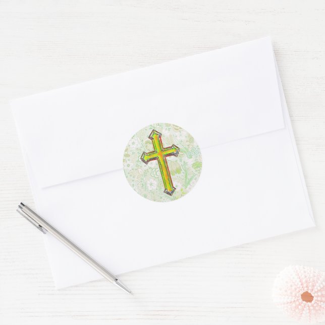 Green Faith Cross Vintage Style Sticker (Envelope)