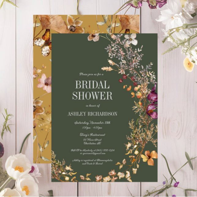 Green Fall Floral Boho Bridal Shower Invitation (Fall Floral Bridal Shower Invitation, Green, Yellow Wildflowers, Autumn Wedding Events)