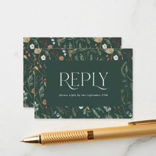 Green fall winter botanical elegant wedding reply enclosure card