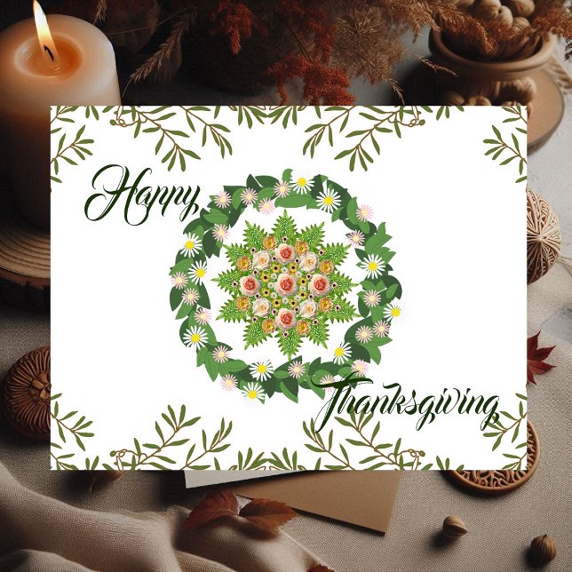 Green Fall Wreath Flora Leaves Happy Thanksgiving  Holiday Postcard (Green Fall Wreath Flora Leaves Happy Thanksgiving Holiday Postcard)