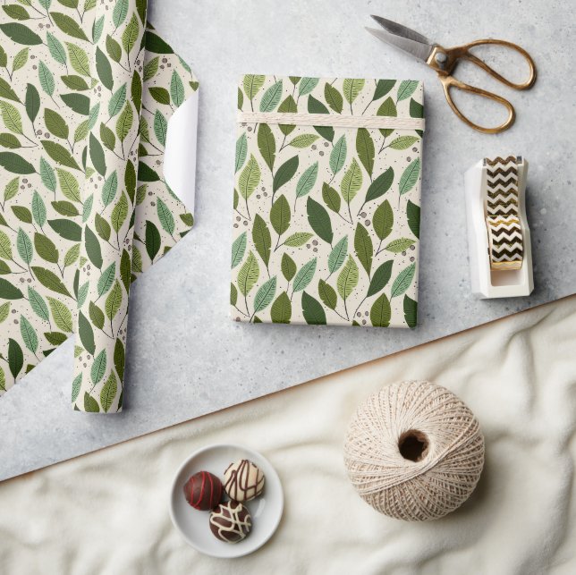Green falling leaves and foliage wrapping paper (Crafts)