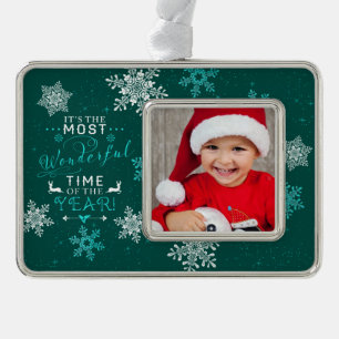 Green Family Photo Christmas Most Wonderful Time Silver Plated Framed Ornament