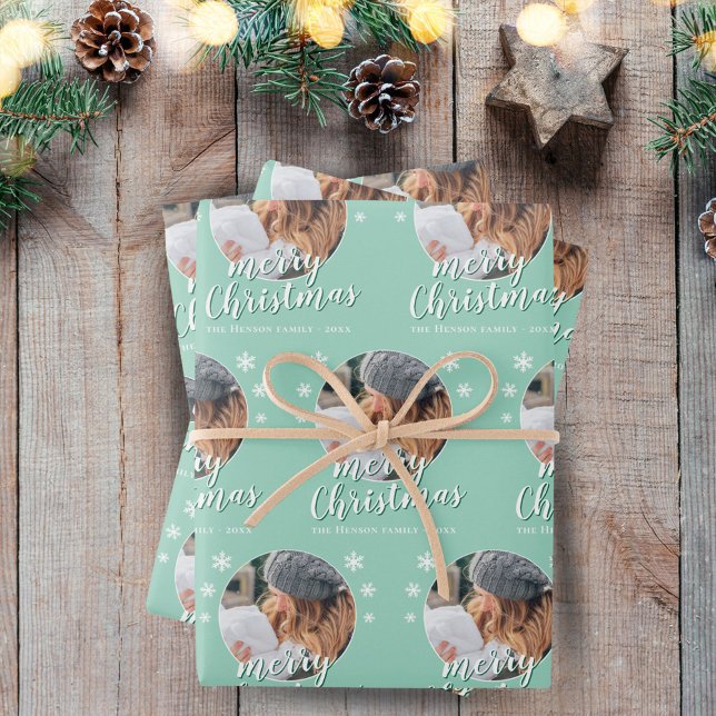 Green Family Photo Snowflake Merry Christmas  Wrapping Paper Sheet (Creator Uploaded)