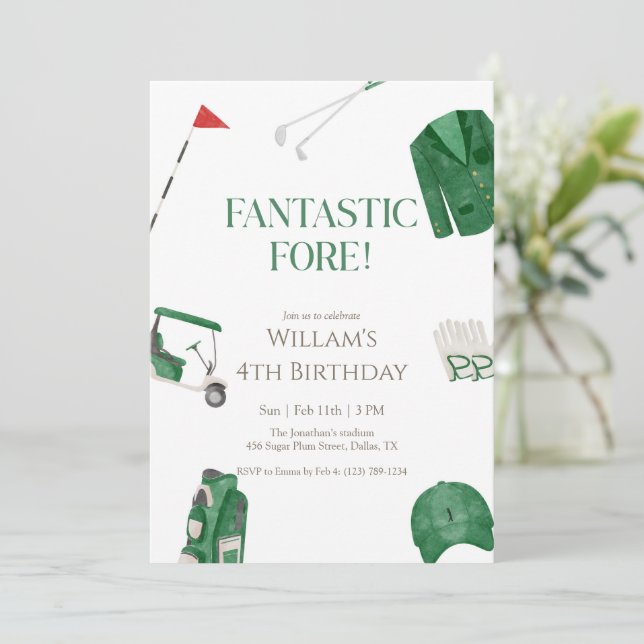 Green Fantastic Fore Preppy Golf Kids Birthday Invitation (Standing Front)