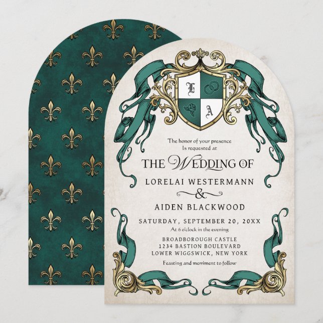 Green Fantasy Mediaeval Castle Arch Wedding Invitation (Front/Back)