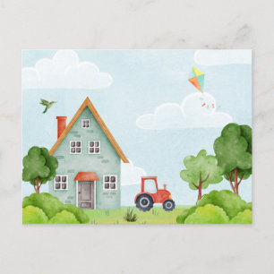 Green farm house postcard