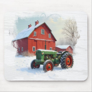 Green Farm Tractor and Red Barn Mouse Pad