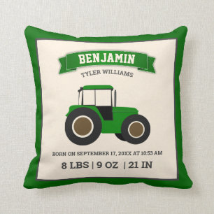 Green Farm Tractor Baby Birth Stats Cushion