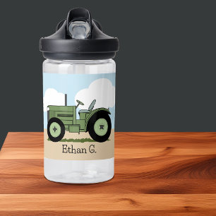 Green Farm Tractor Cute Kids Personalised Water Bottle