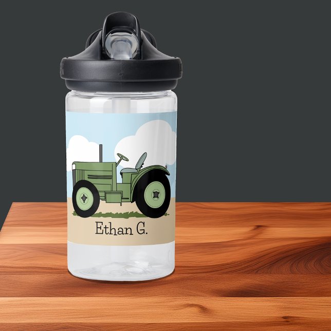 Green Farm Tractor Cute Kids Personalised Water Bottle (Green Farm Tractor Cute Kids Personalized Water Bottle)