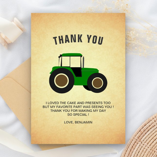 Green Farm Tractor Kids Birthday Party Thank You Card (Creator Uploaded)