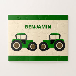 Green Farm Tractor Kids Name Jigsaw Puzzle