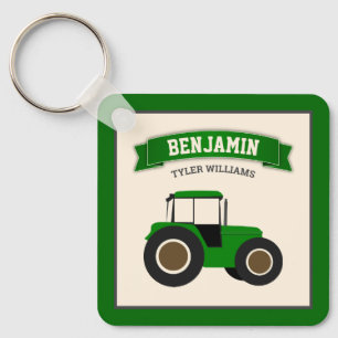Green Farm Tractor Kids Name Key Ring