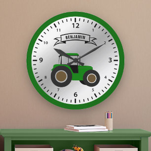 Green Farm Tractor Personalized Name Kids Room Large Clock